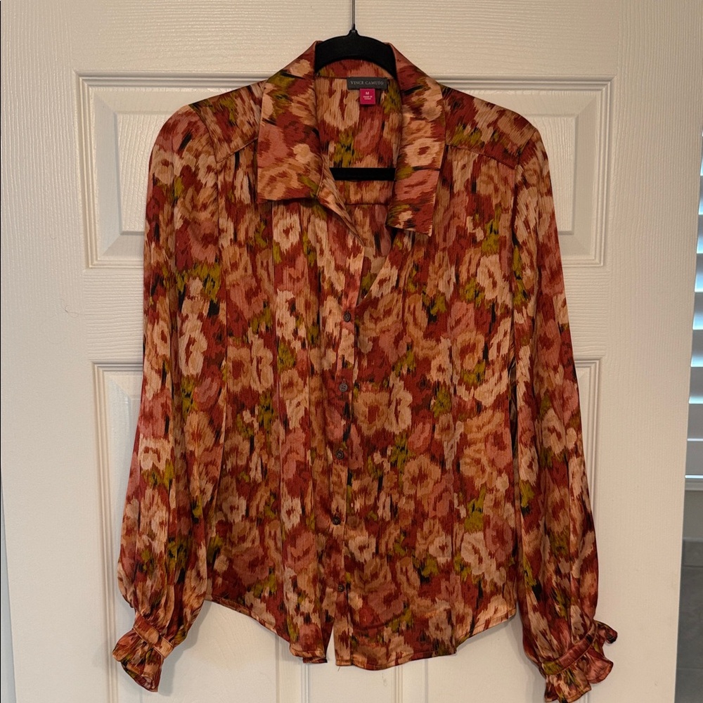Vince Camuto Autumn Floral Blouse - Rust and Green Silky